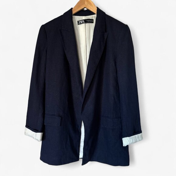Zara Jackets & Blazers - Zara Oversized Linen Roll Up Sleeve Open Front Navy Blue Blazer Womens XS Preppy